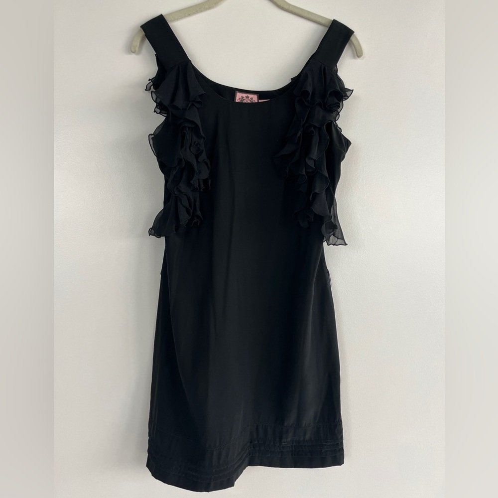 Juicy Couture Black 100% Silk Above Knee Sleeveless Ruffle Dress Size 0